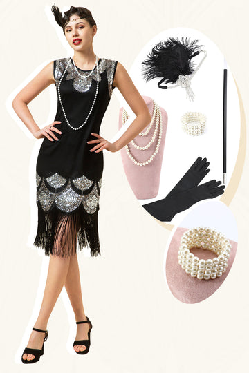 Svart og sølv paljettkanter 1920-tallet Gatsby Flapper kjole med 20-talls tilbehør sett